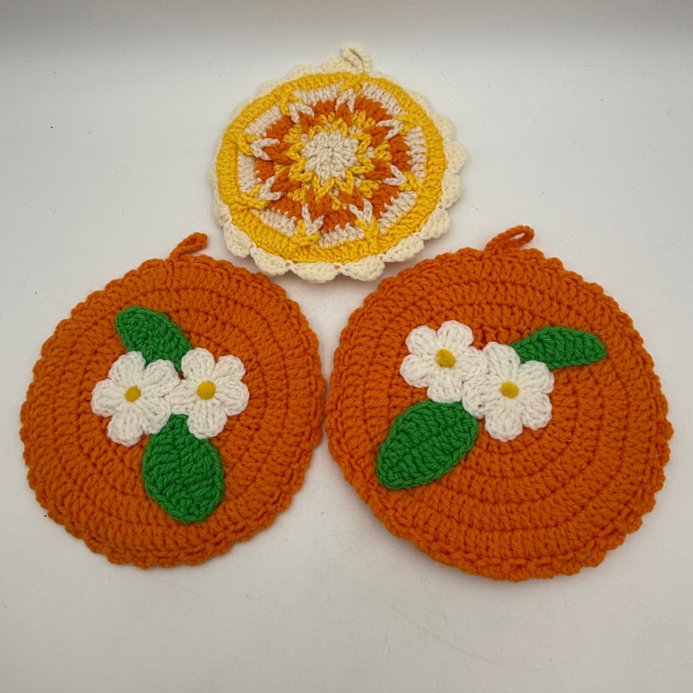 Vintage Handmade Crochet Pot Holder Set 3pc Orange Daisy Sunburst Kitchen Decor